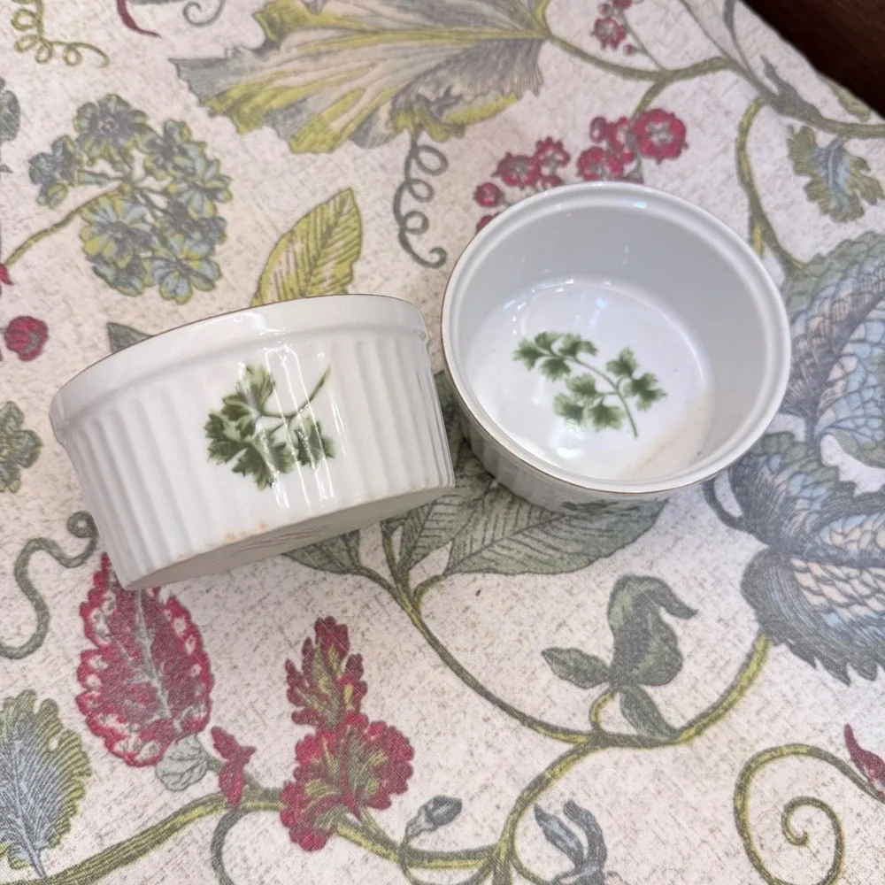 Pair Vintage Parsley Botanical Ramekins Gold Trim White Porcelain Baking Bowls